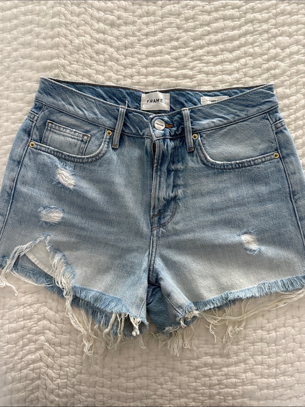 Frame Denim Light Wash Distressed High-Rise Jean Shorts